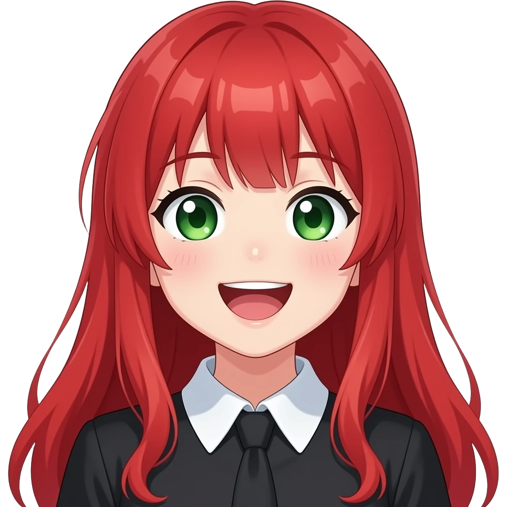 anime girl, laughing, red hair, green eyes, black blouse with white collar emoji