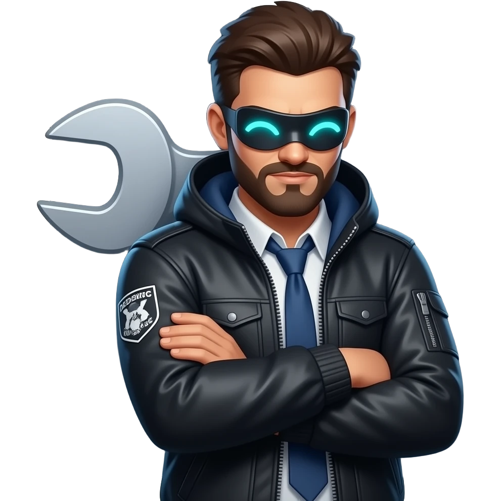 Wrench from Watch Dogs 2, LED mask eyes showing happy squint ˘ω˘ glowing cyan, chill pose, arms crossed, DedSec jacket. Flat sticker, dark background, neon outlines. emoji