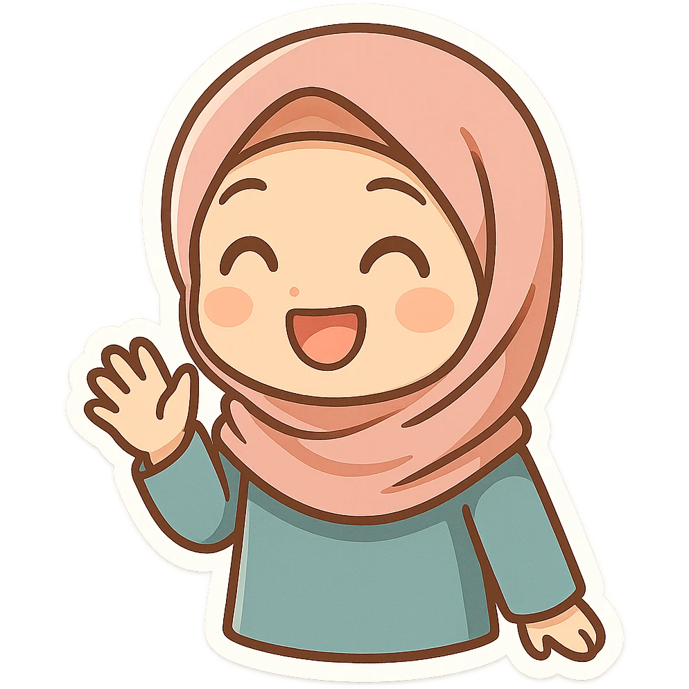 a hijabi character, cartoon style, cheerful expression emoji