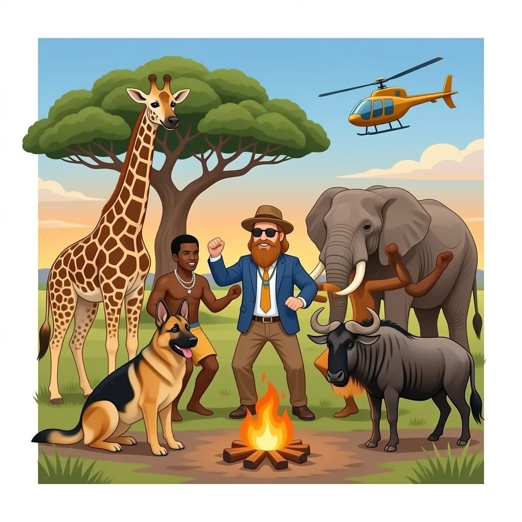 K9 german sheppards surrounding serengeti animals giraffe elephant wildebeast boabab sunset traditional bushmen dancing plains patrol with news anchor sky chopper interviewing ginger-bearded hippie sunglasses dancing around bongfire with black people emoji