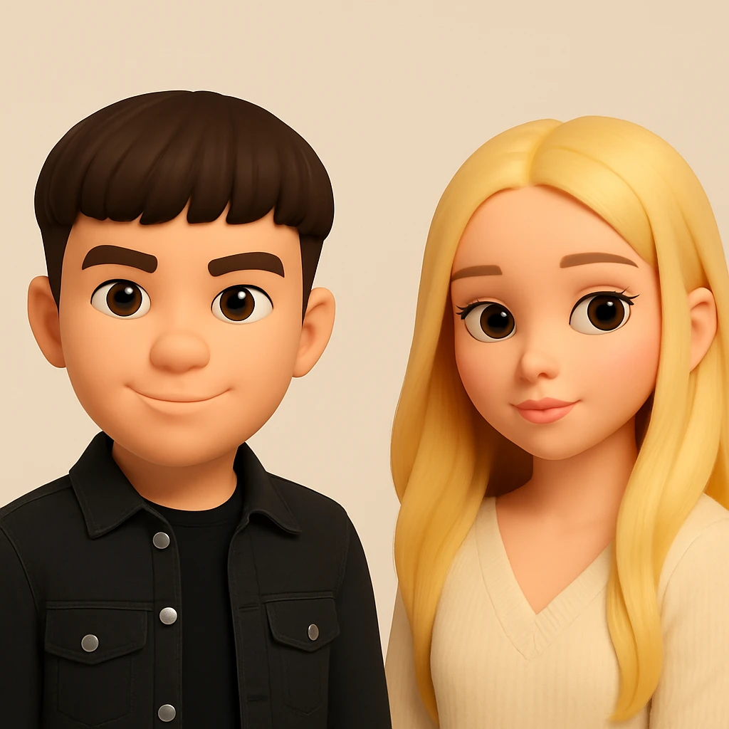 Place these two images farther apart on one canvas, as two separate 3d-emoji style characters, do not change the images, just put them together with more space between them on a neutral background emoji