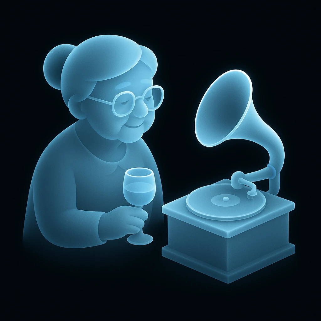 old lady with wineglass listening to gramophone emoji