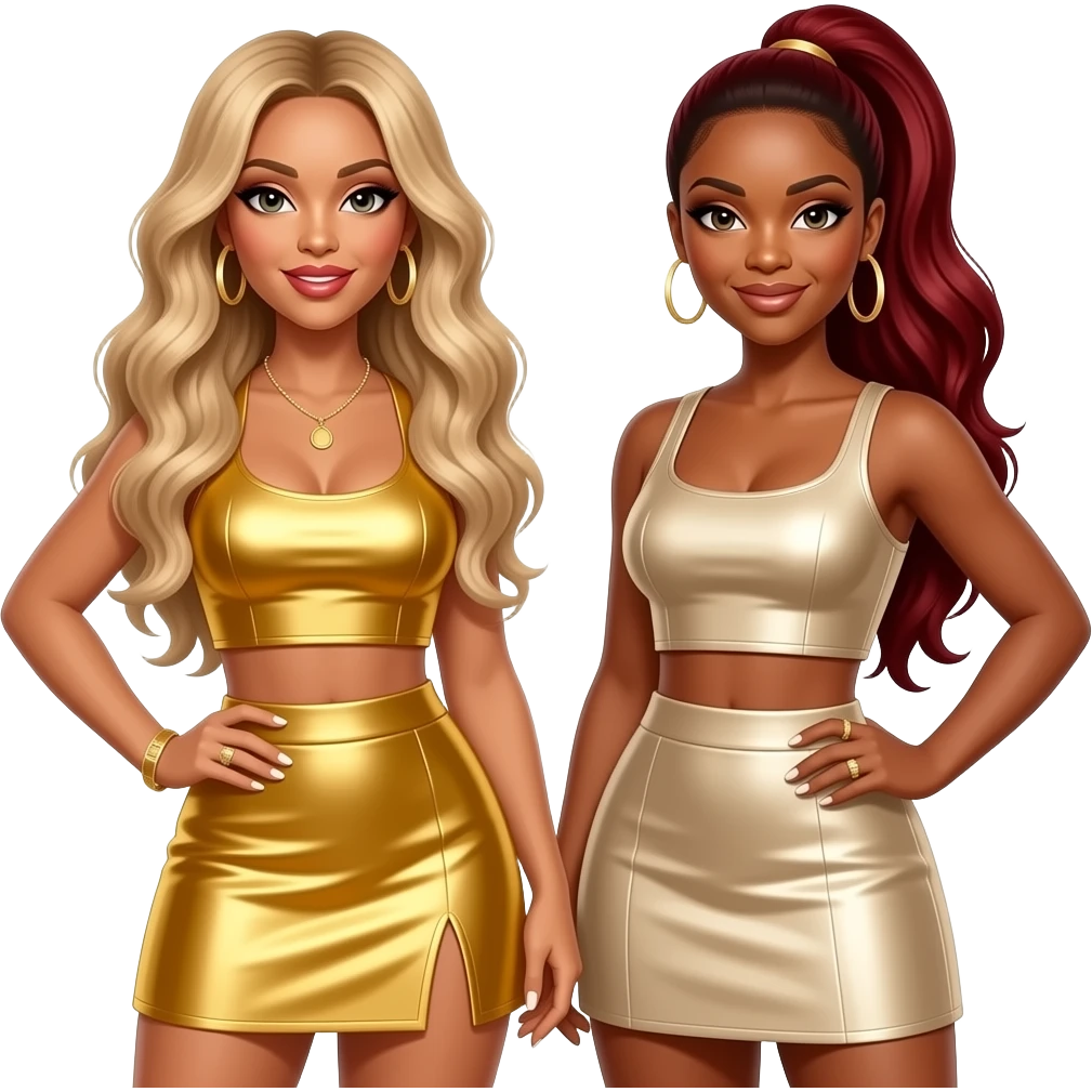 Destiny's Child with Beyonce with long blonde hair, gold crop top and skirt, LaTavia with long dark red ponytail hair, ivory metallic crop top and skirt emoji