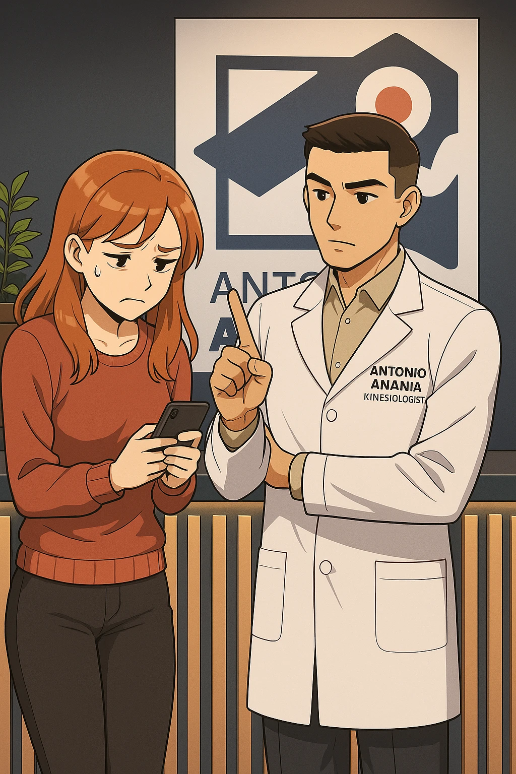 su questo stile fai un manga/webtoon a colori in cui una donna CONTROLLA LO SMARTPHONE MENTRE PARLA CON L'UOMO, l'uomo della foto in stile manga LE DICE DI "NO" CON IL DITO, mantieni un ambiente simile alla foto che ho allegato con il suo logo (sarebbe il suo studio, lui è un kinesiologo), scrivigli "ANTONIO ANANIA" sul camice bianco, non mettere fumetti, ma fai in modo che sembri che la donna CONTROLLI LO SMARTPHONE E L'UOMO CON I GESTI LE FACCIA CAPIRE CHE STA SBAGLIANDO emoji