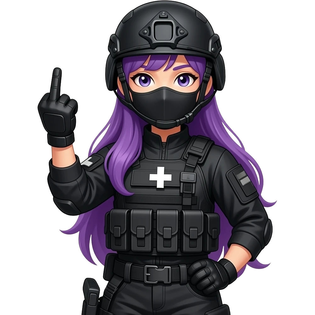 sexy girl with long purple hair wears a SPECIAL TACTICS FORCE medical OUTFIT BLACK FATIGUE AND COMBAT BOOTS PLATE with a helmet and a mask shows her middle fingers emoji