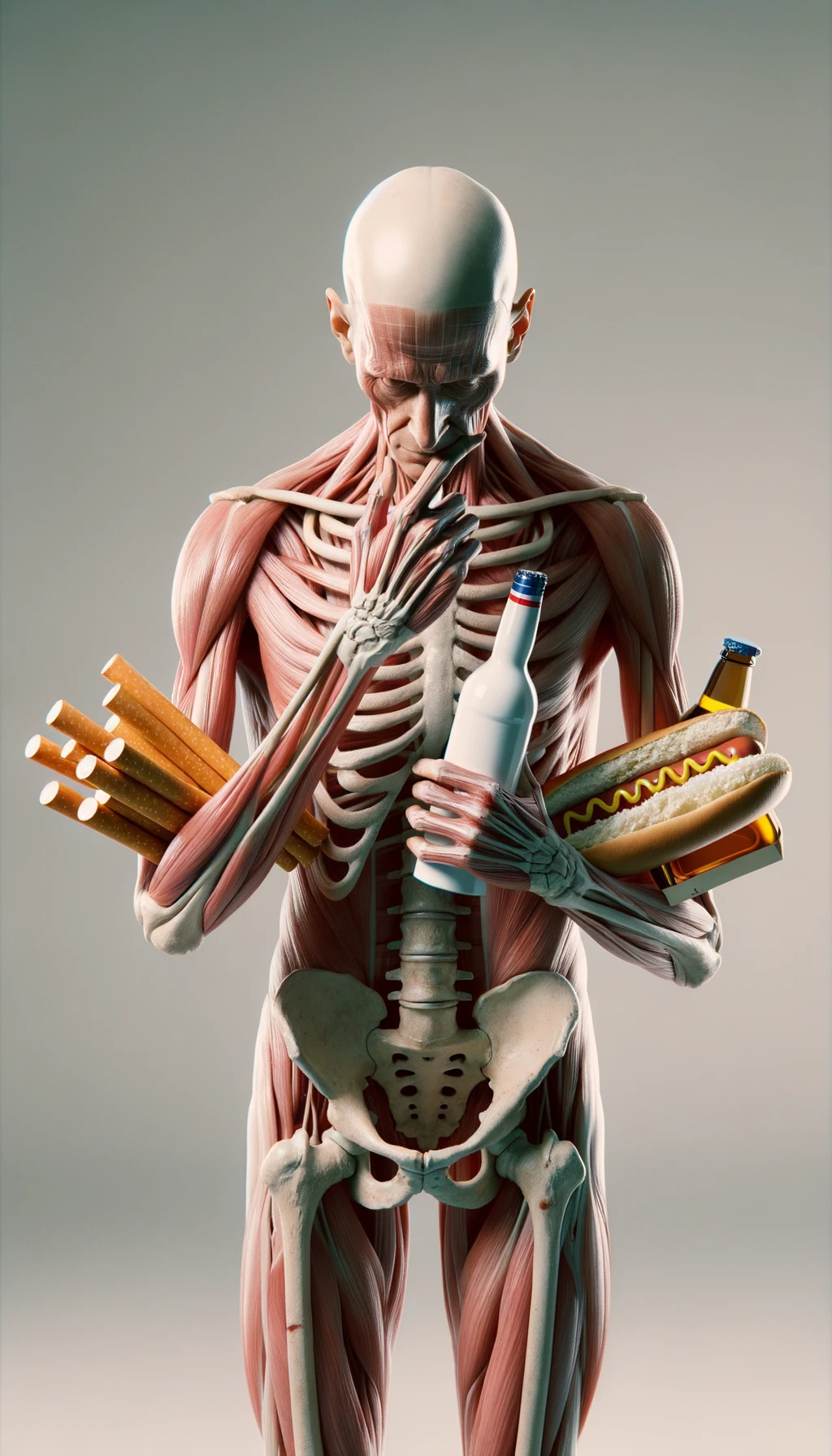 CORPO UMANO ANATOMICO CHE TRA LE BRACCIA SIGARETTE, ALCOL E WURSTEL CONFEZIONATI, LI GUARDA CON ESPRESSIONE INDECISA IN VOLTO, NEUTRAL CLEAR BACKGROUND, iperrealistico 4k emoji