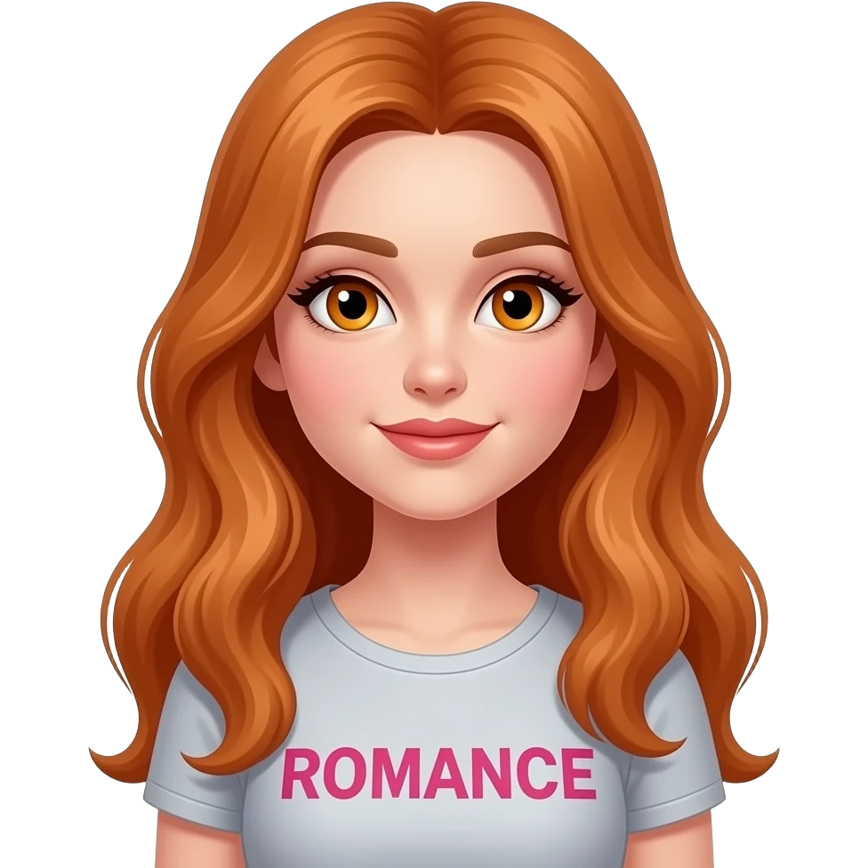 sexy girl with long ginger hair and ginger eyes a top with ROMANCE written on it emoji