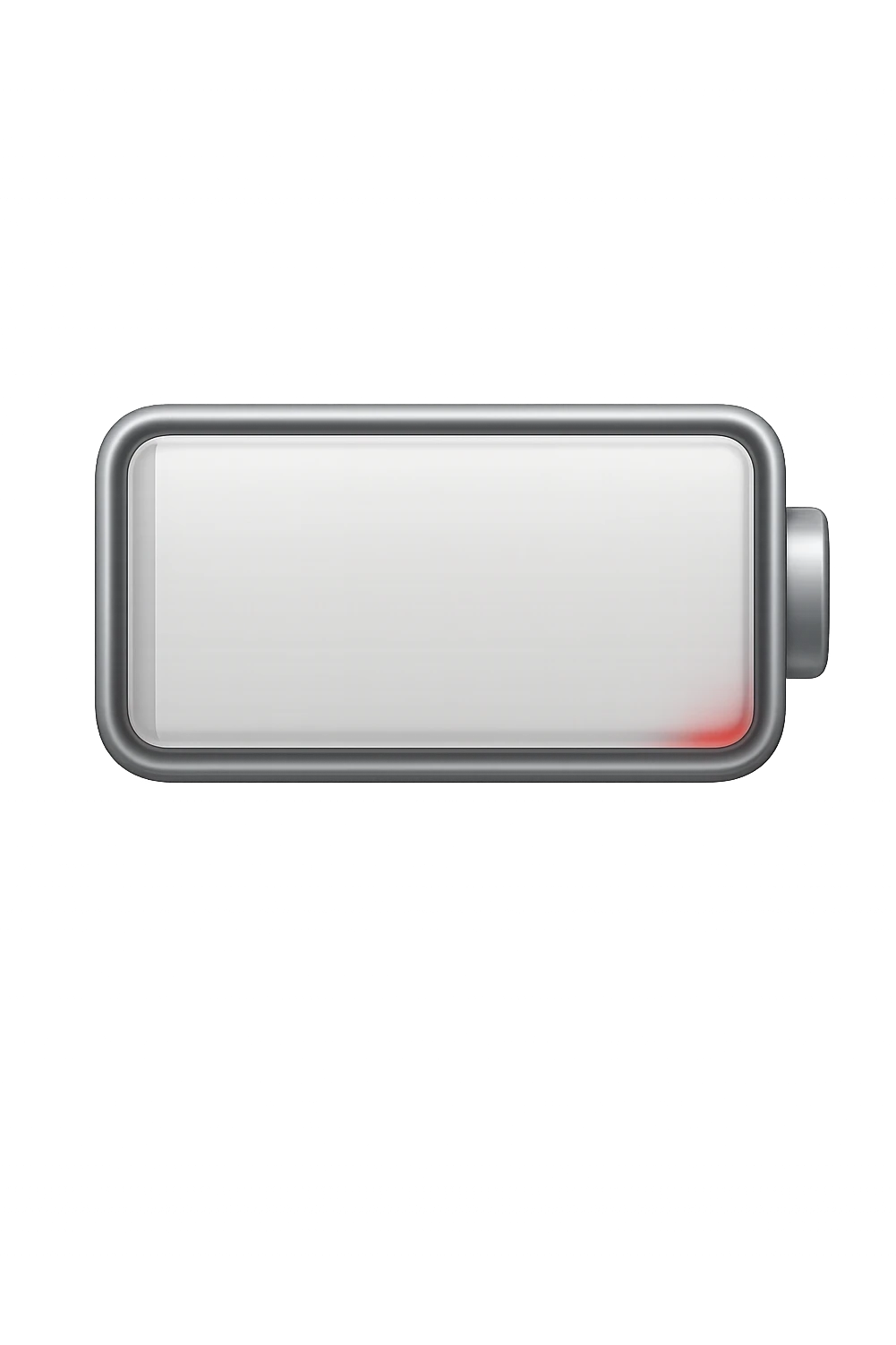 iPhone-style emoji of a battery that is almost empty, with a small red bar at the end indicating low energy. Clean, minimal, glossy look, transparent background. emoji