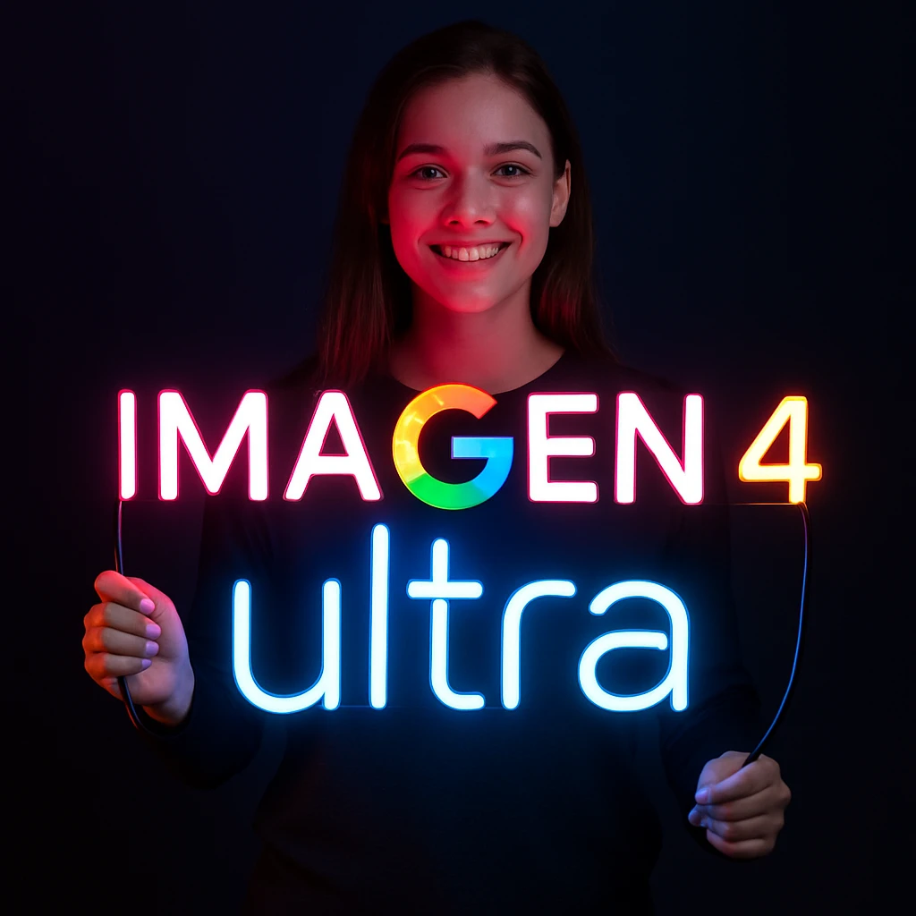 make a girl holding this sign, but sign in made of neon, also add ultra below the sign emoji