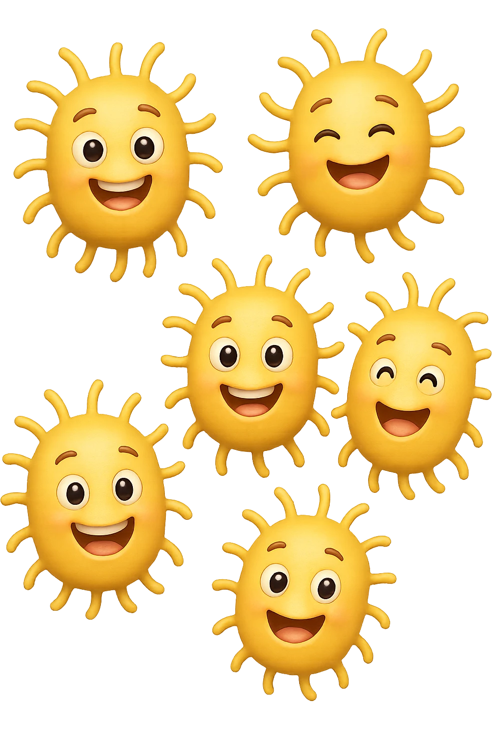 EMOJI STILE IPHONE DI 6 BATTERI INTESTINALI FELICI CHE FLUTTUANO IN ARIA IPERREALISTICO 4K emoji