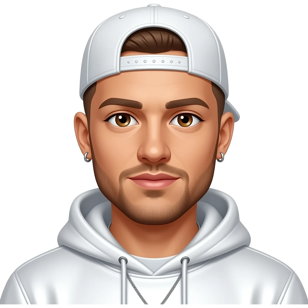 Terry Caldwell from East 17 with brown eyes, brown buzz cut hair and short beard, white cap, white metallic sweatshirt, necklace and earrings emoji