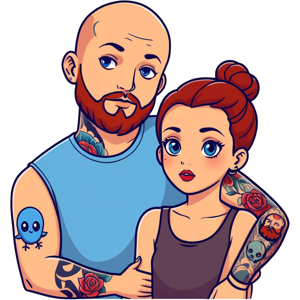 Pretty brunette girl with big eyes and big lips and a bald man with a red beard and blue eyes and one sleeve of tattoos on the man emoji