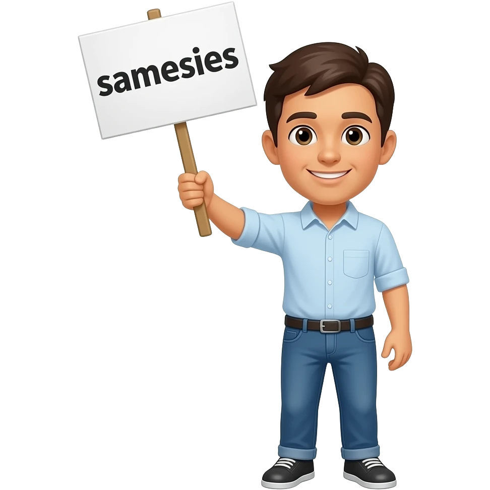 Yellow smiley face holding up a sign that says "samesies emoji