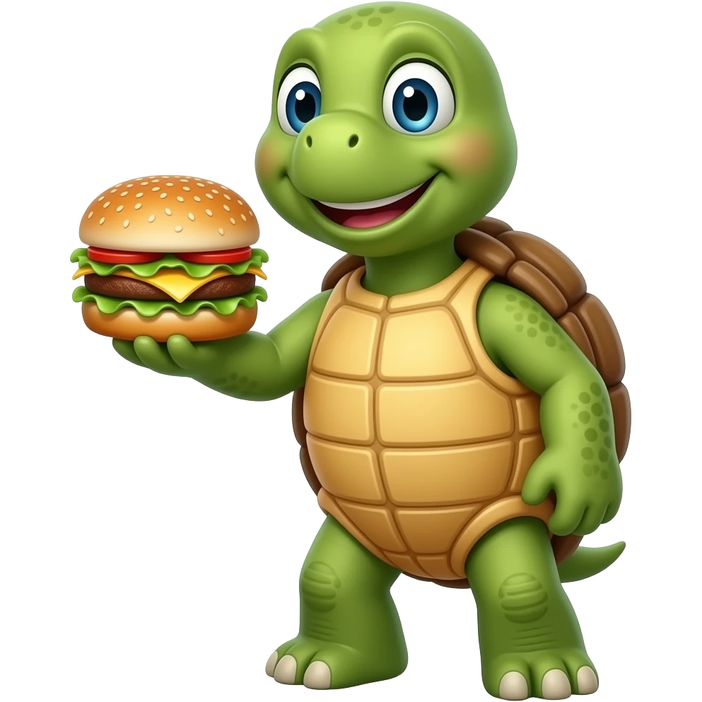 turtle emoji who is very happy because he has a burger! emoji