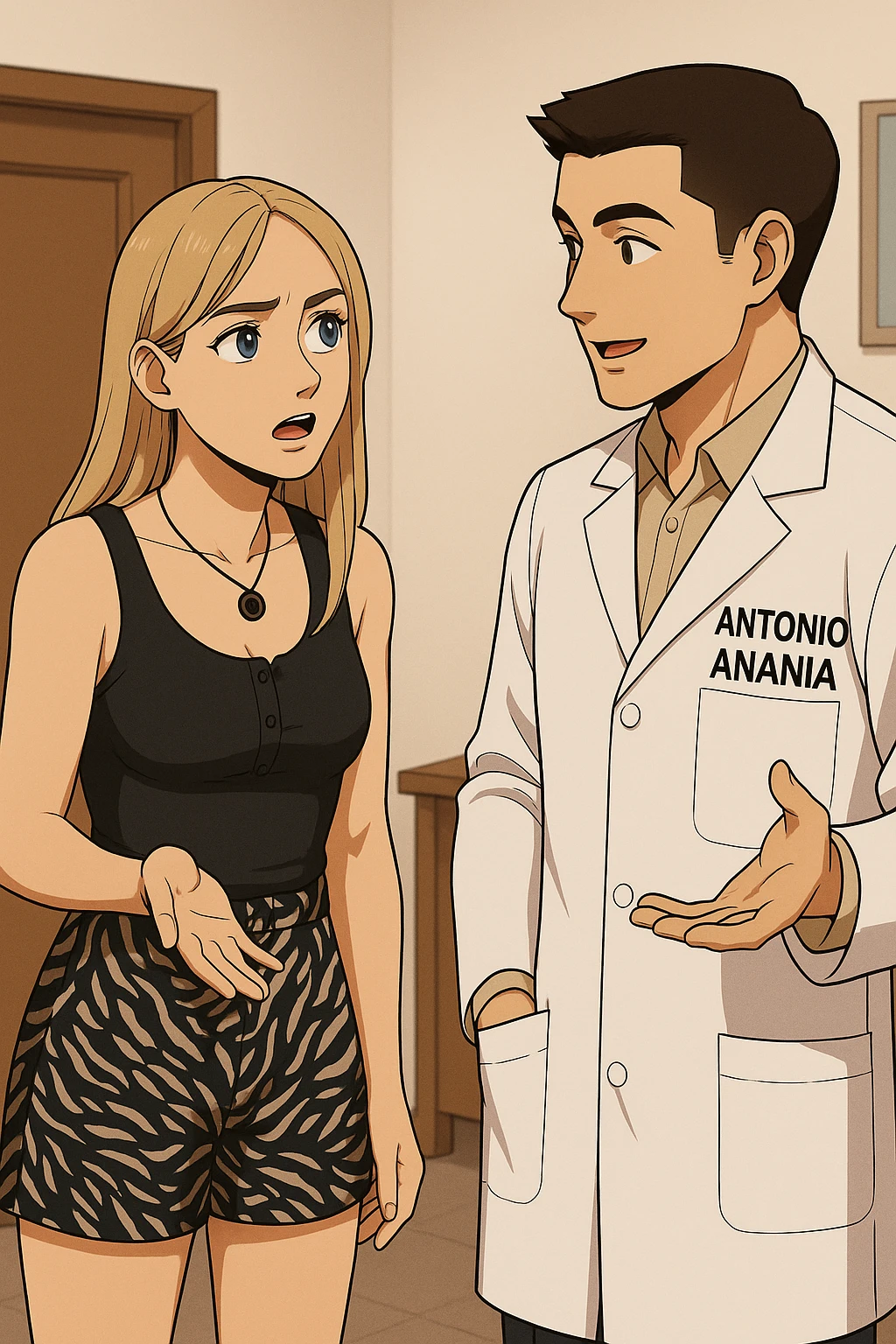 fai un webtoon/manga a colori con questo kinesiologo in camice bianco (fagli la scritta "ANTONIO ANANIA" SUL CAMICE) CHE PARLA CON QUESTA RAGAZZA CON GLI OCCHI AZZURRI. la ragazza gli fa una domanda e IL KINESIOLOGO CON IL CAMICE BIANCO LE risponde. NON FARE I FUMETTI, FAI SOLO LORO COME SE DIALOGASSERO emoji
