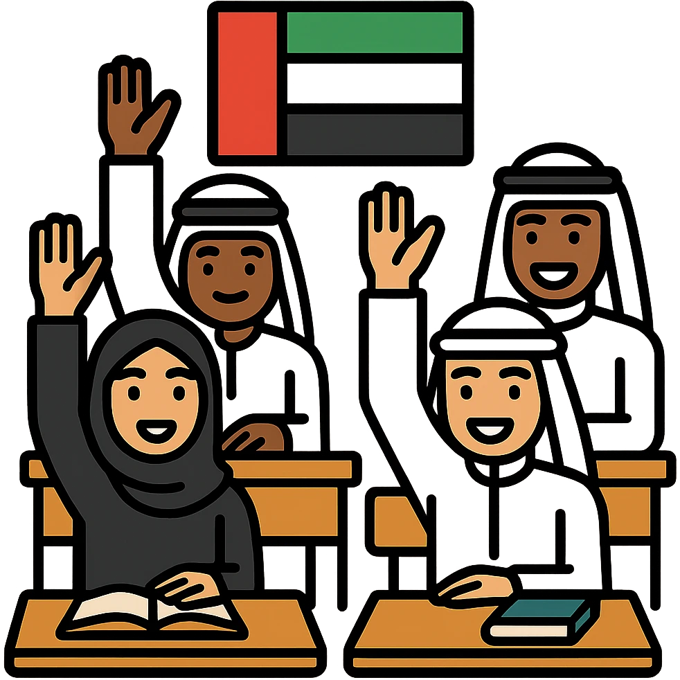 Transform the group of students to have an Emirates theme, with diverse students in traditional Emirati attire and the UAE flag present, showing class participation, with no background. emoji