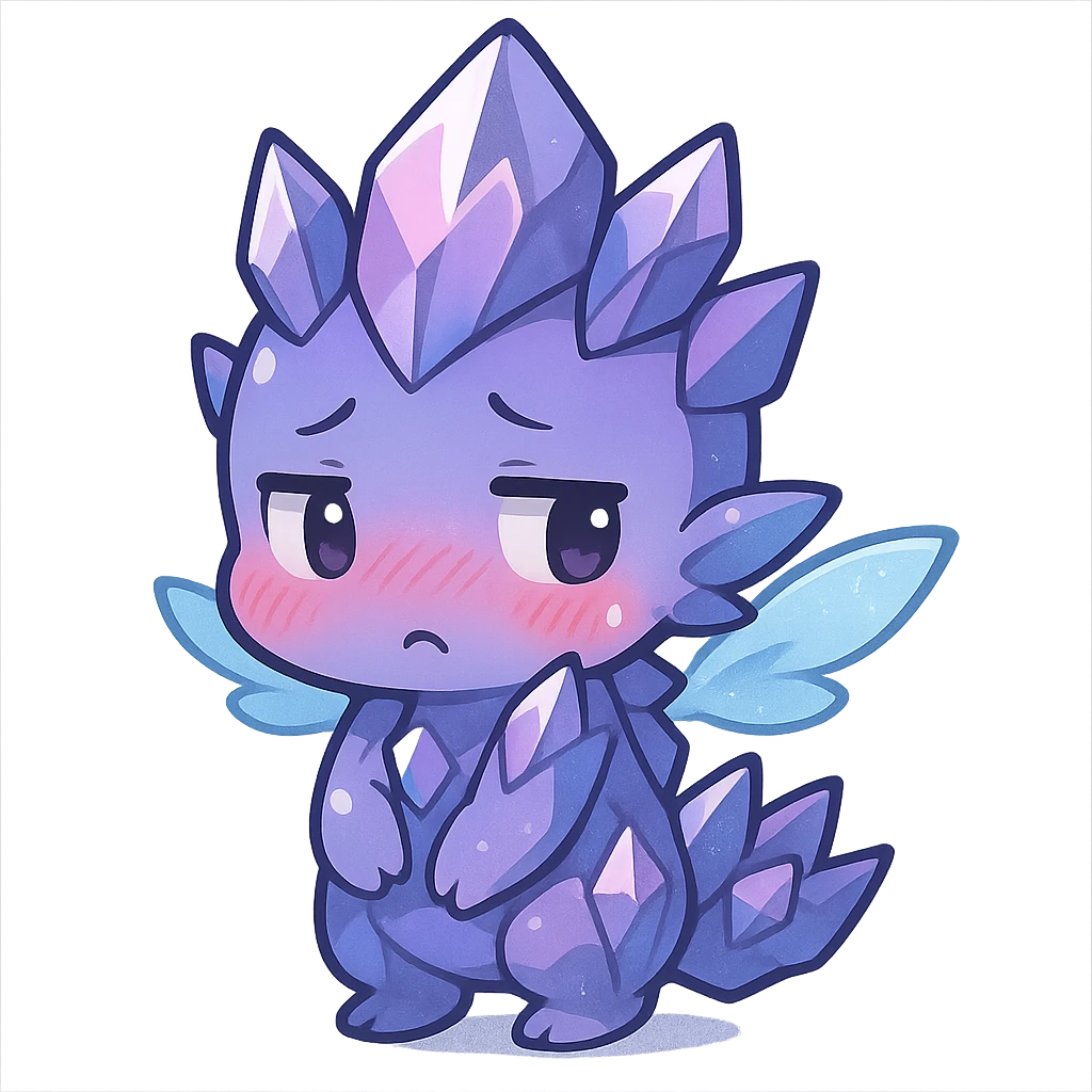 kawaii chibi style crystal sprite creature, purple, blue, and pink, with tiny magical wings, embarrassed expression, blushing and looking away emoji