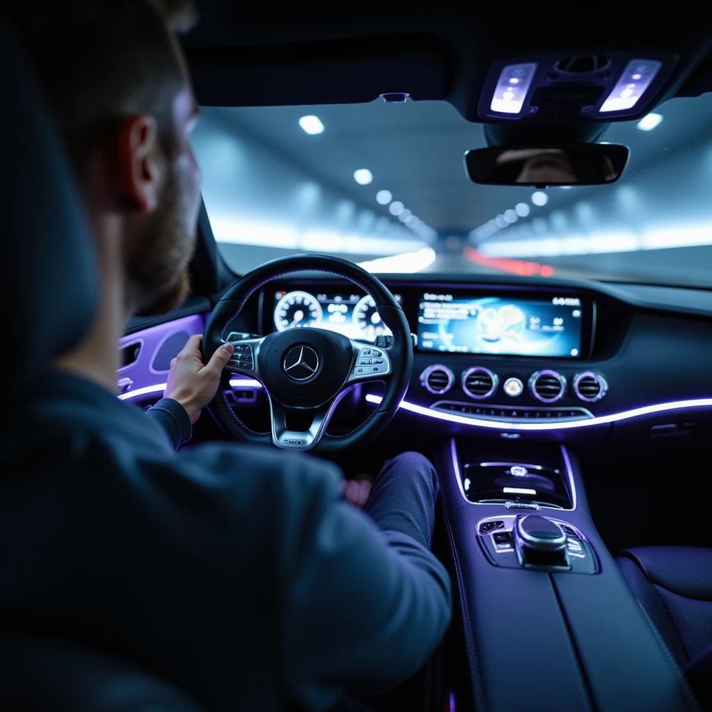 POV from driver's seat of a 2025 Mercedes-Benz S-Class, showing luxurious interior with ambient blue/purple lighting, futuristic dashboard, glowing infotainment, and realistic hand on Mercedes steering wheel. Trim reflections, dynamic shadows, blurred windshield. Hyperrealistic, cinematic, 8K. emoji