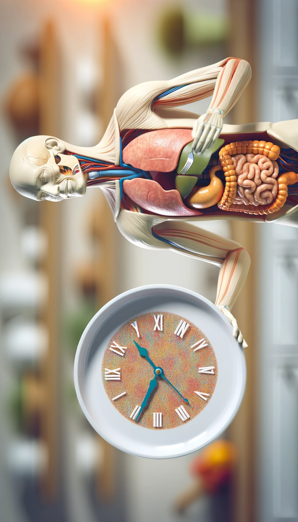 corpo umano anatomico con colori realistici e intestino in evidenza, che tiene in mano un piatto bianco con la lancette di un orologio sopra, figura visibile fino ai fianchi, espressione del volto soddisfatta, sullo sfondo la sua cucina sfocata con toni chiari neutri, iperrealistico 4k emoji