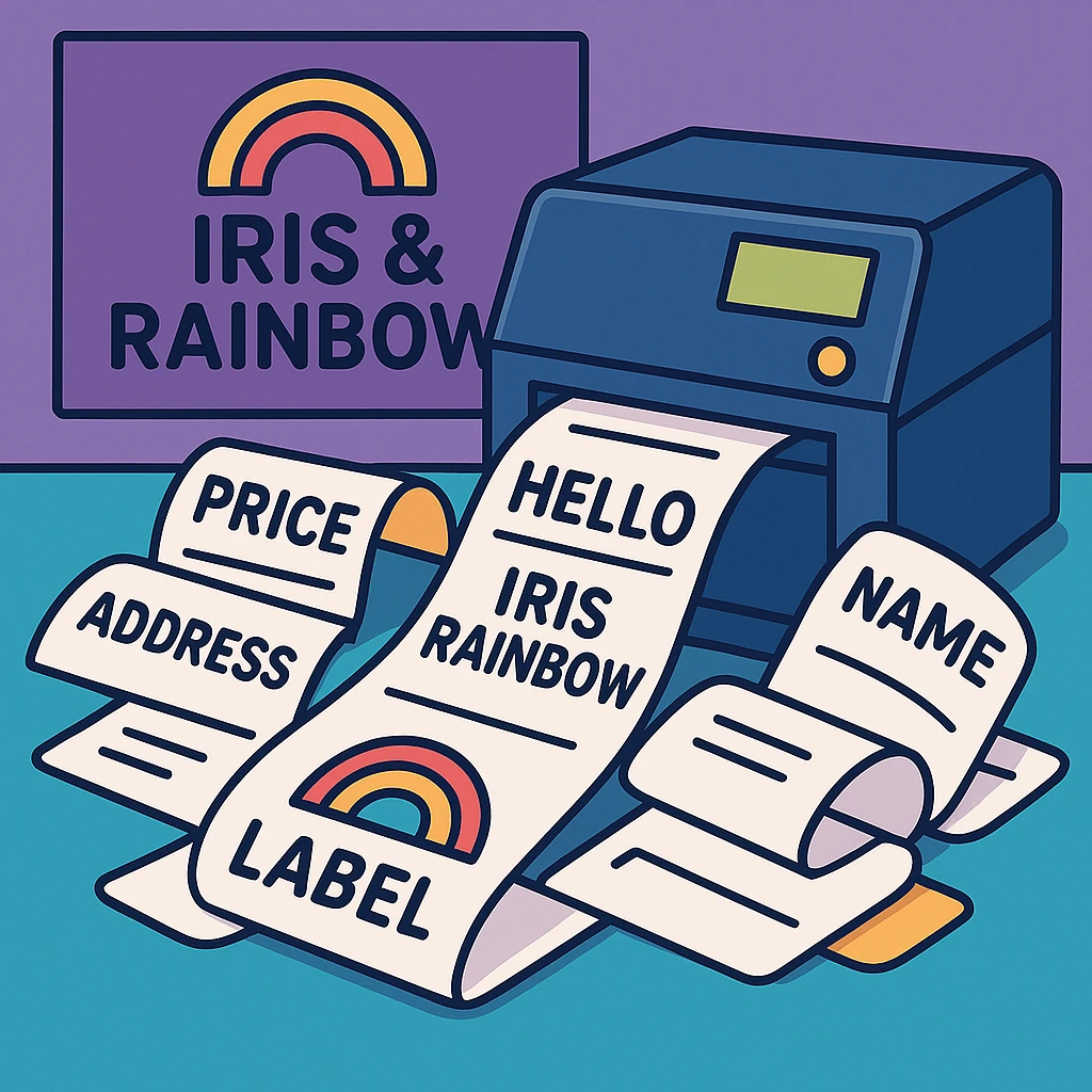 Change the background color behind the 'Iris & Rainbow' logo to purple. Do not add a rainbow to the logo. Keep the rest of the scene the same: a label printer producing many labels, clean and professional look. emoji