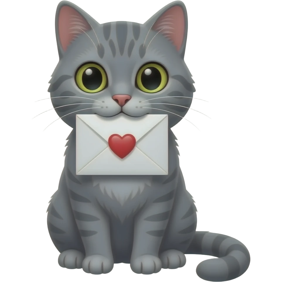 A grey cat holding a love letter in its mouth emoji
