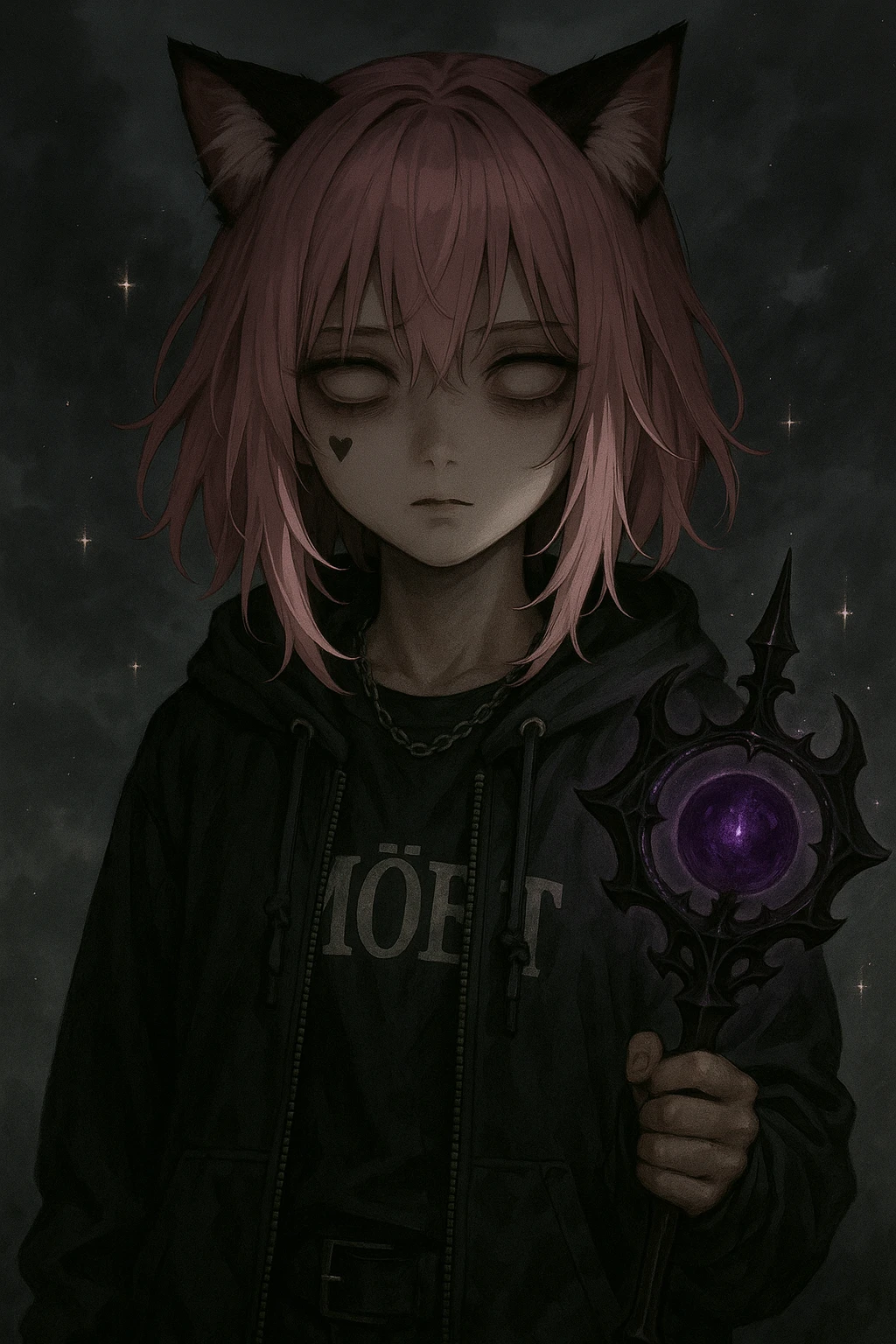 realistic anime catgirl with pink hair, emo streetwear, heart tattoo under left eye, dark magical accessory, sparkles, stormy background, subtle unsettling horror vibe with blank stare, shadowy underlighting emoji