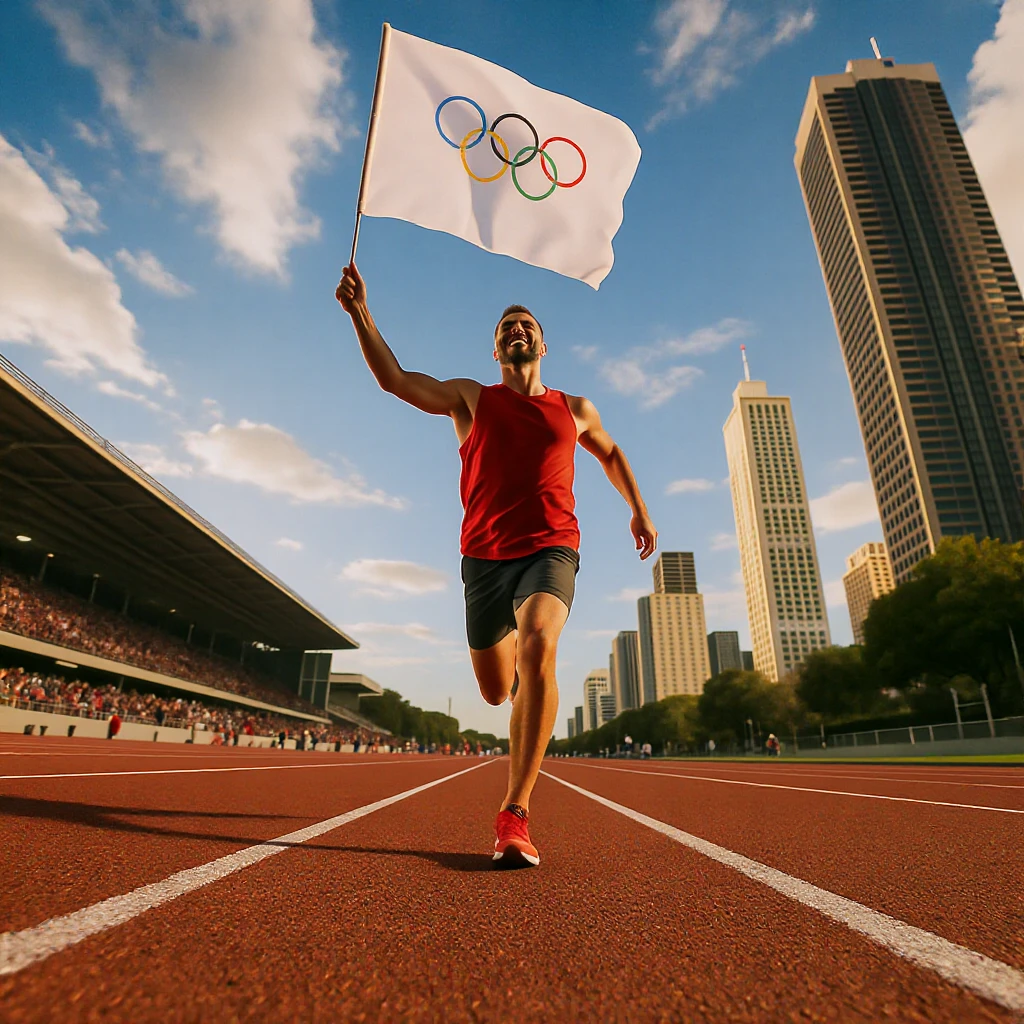 happy runner waving a white flag of Olympic emoji