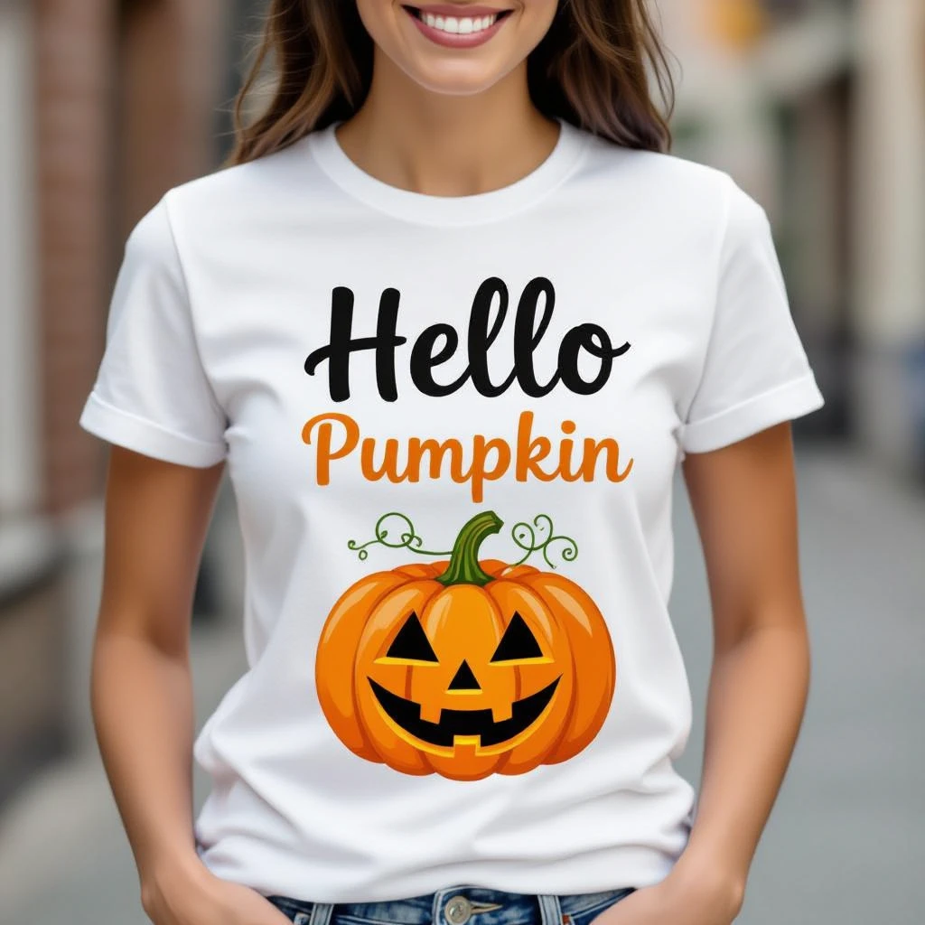 t shirt with print "hello pumpkin" emoji