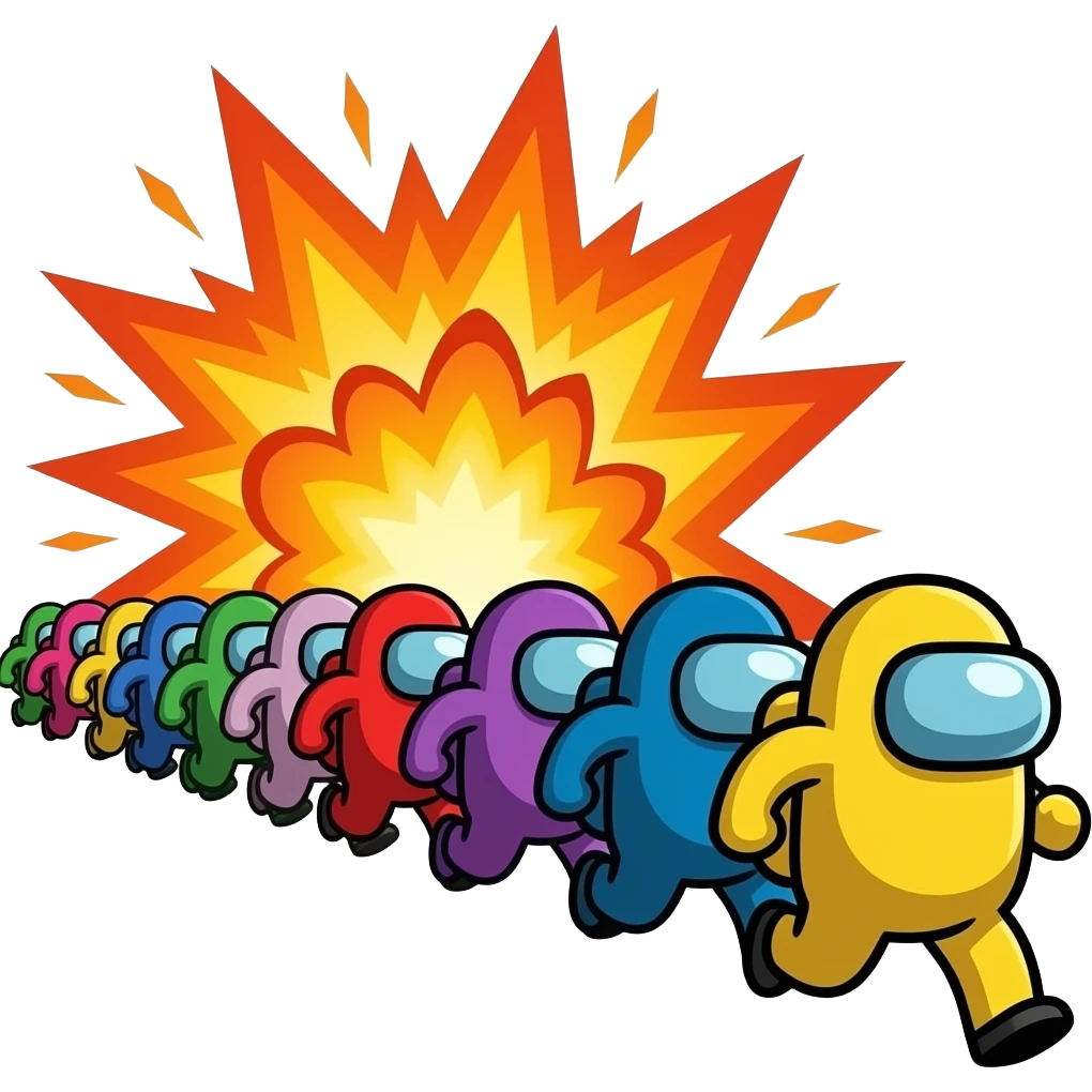 Among us com 100 jogadores correndo de uma explosão emoji