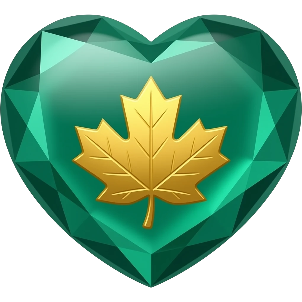 realistic heartshaped emerald with an engraved golden maple leaf emoji