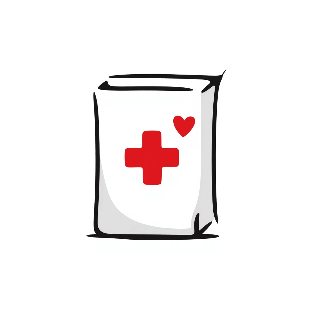 Hand-drawn intimate health clinic packet with red cross and small heart icon, sealed medical packet emoji