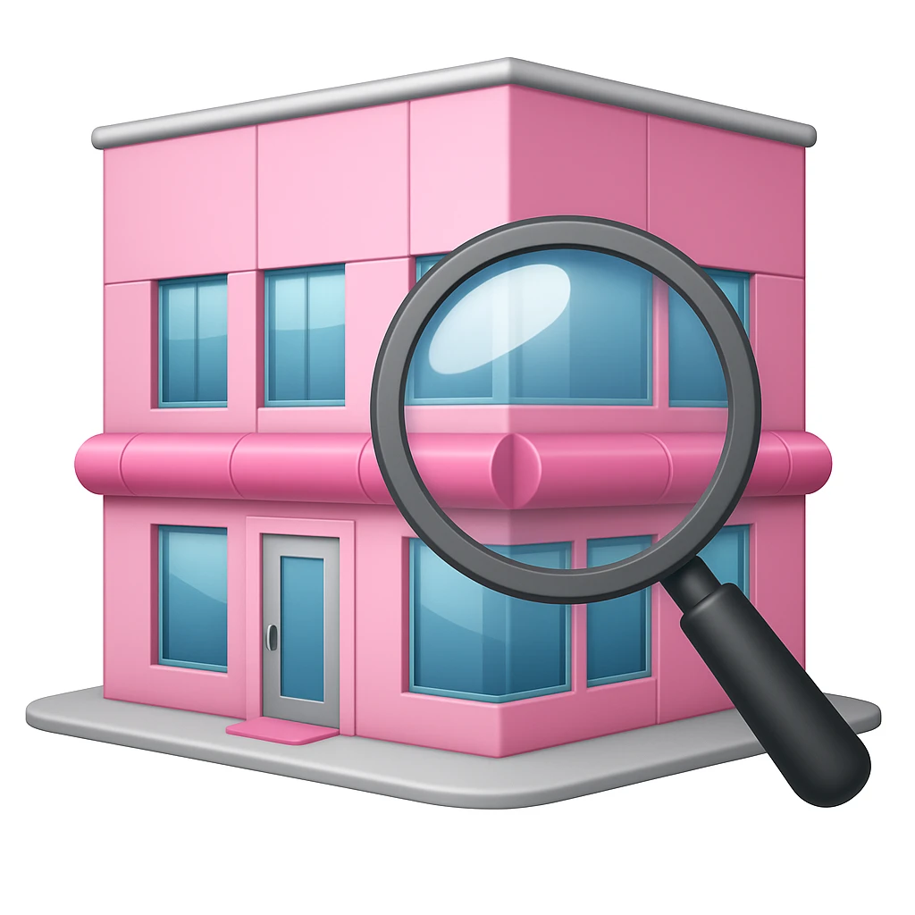 Make it apple style emojis: Add a magnifying glass over the partly pink, very stylish beauty salon building emoji