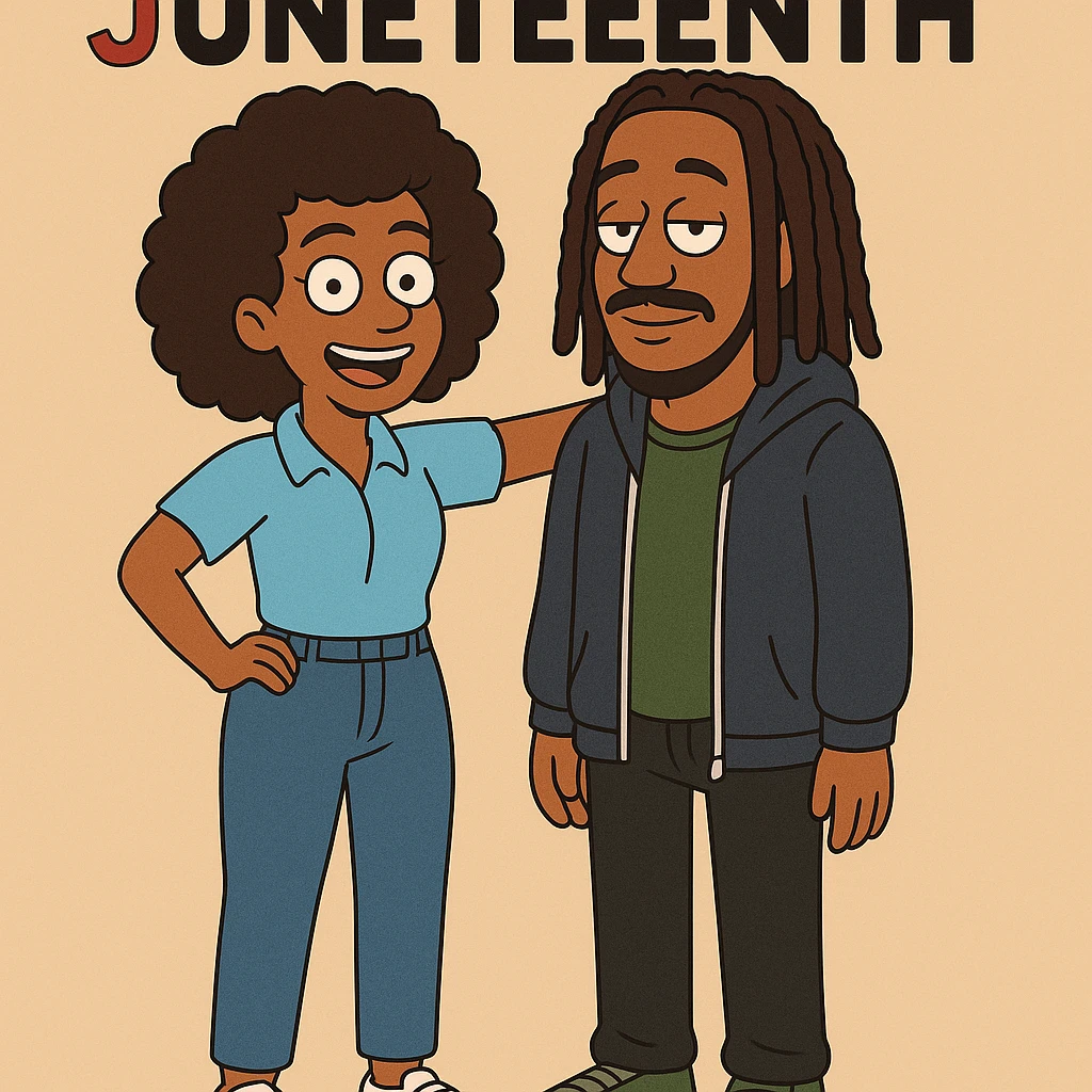 A woman Kinky hair light blue shirt blue jeans white shoes boy Dreadlocks dark brown hair green shuts navy blue zip up hoodie black jeans green shoes Bob Marley Vanessa Nakate Mae Jemison Happy JUNETEENTH emoji