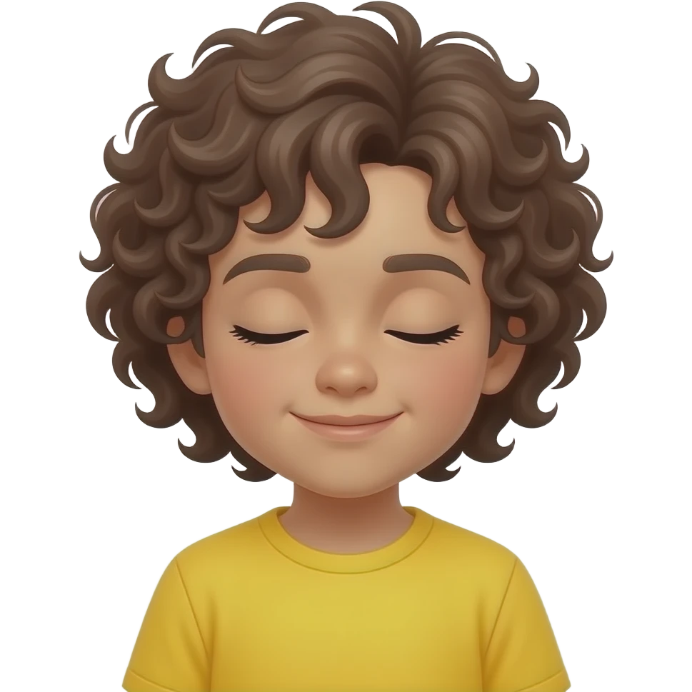 kid in curly brown hairs and wear a yellow shirt and close eyes emoji