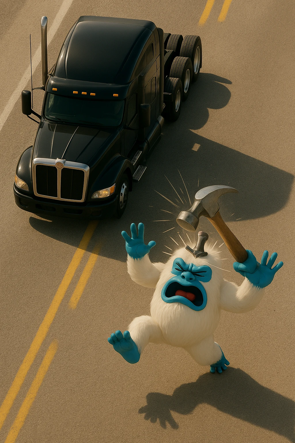 Make the scene lighter and show the hammer actively hitting the abominable snowman on the head, realistic top-down view, no text. Maintain a realistic style with clear lighting and dynamic action of the hammer hitting the snowman. emoji