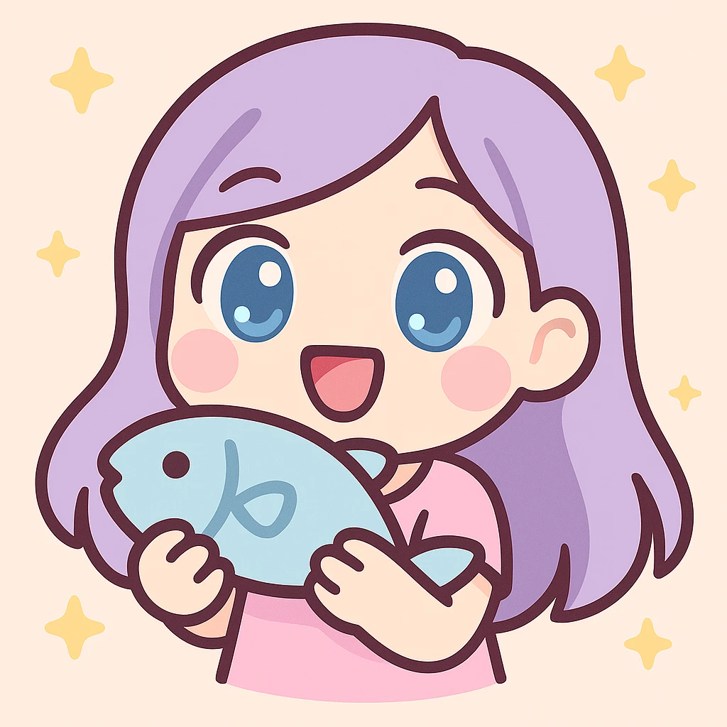 Make the girl more chibi style, give her blue eyes, and make her look slightly older (not too young), keep her holding a fish, digital art, kawaii style, twitch emote. emoji