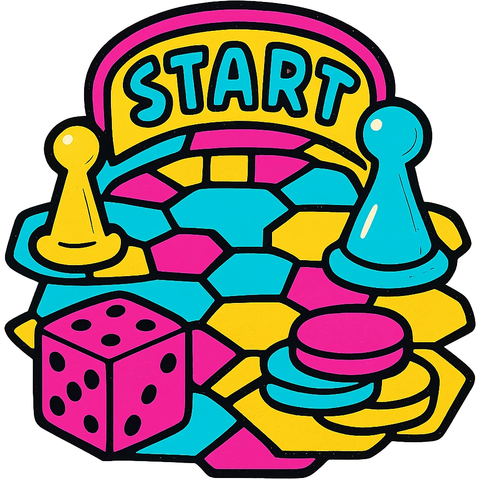 whimsical board game scene with both squares and hexes, vibrant colors, sense of excitement and togetherness emoji