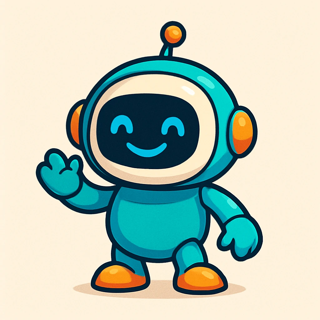 A cute tech bot mascot with a round head, antenna, and a digital smile, in a playful style emoji