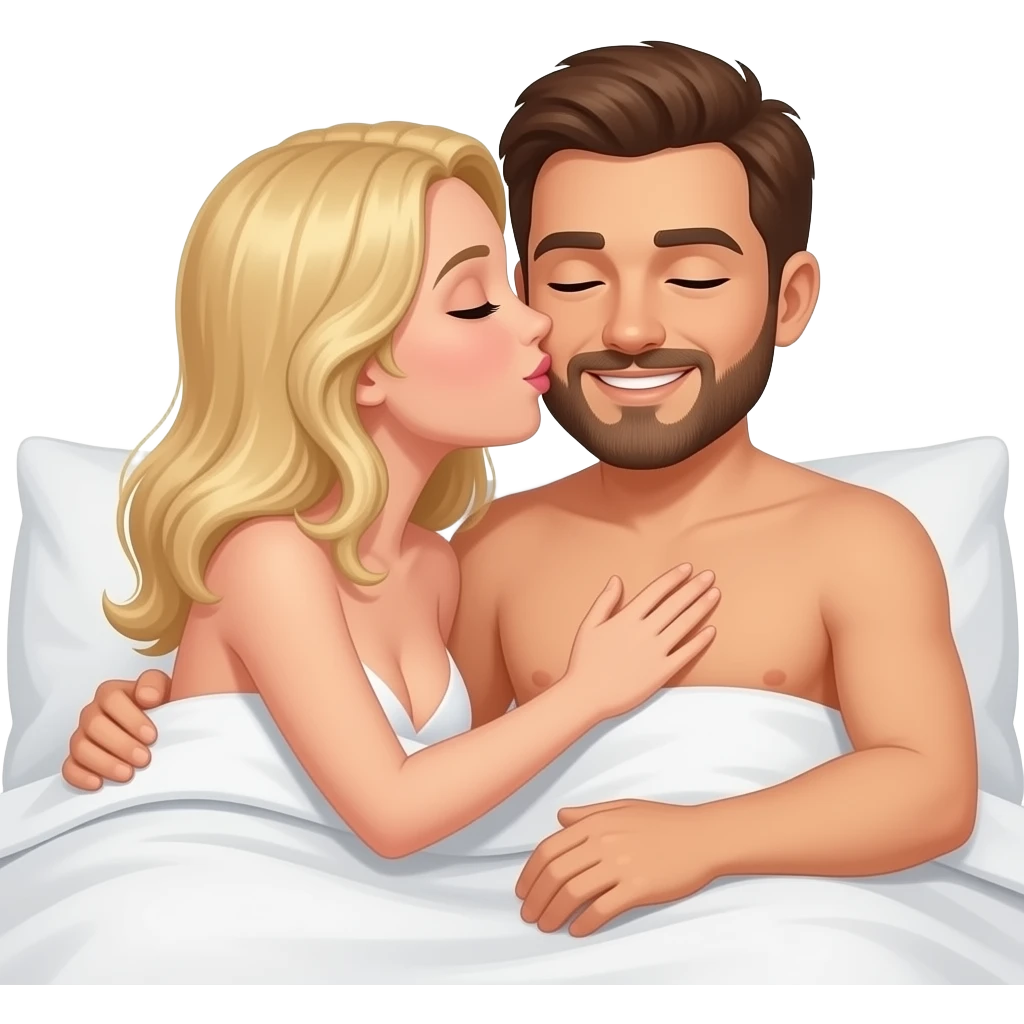 naked woman with blonde hair kissing naked man with brown hair and beard in bed emoji