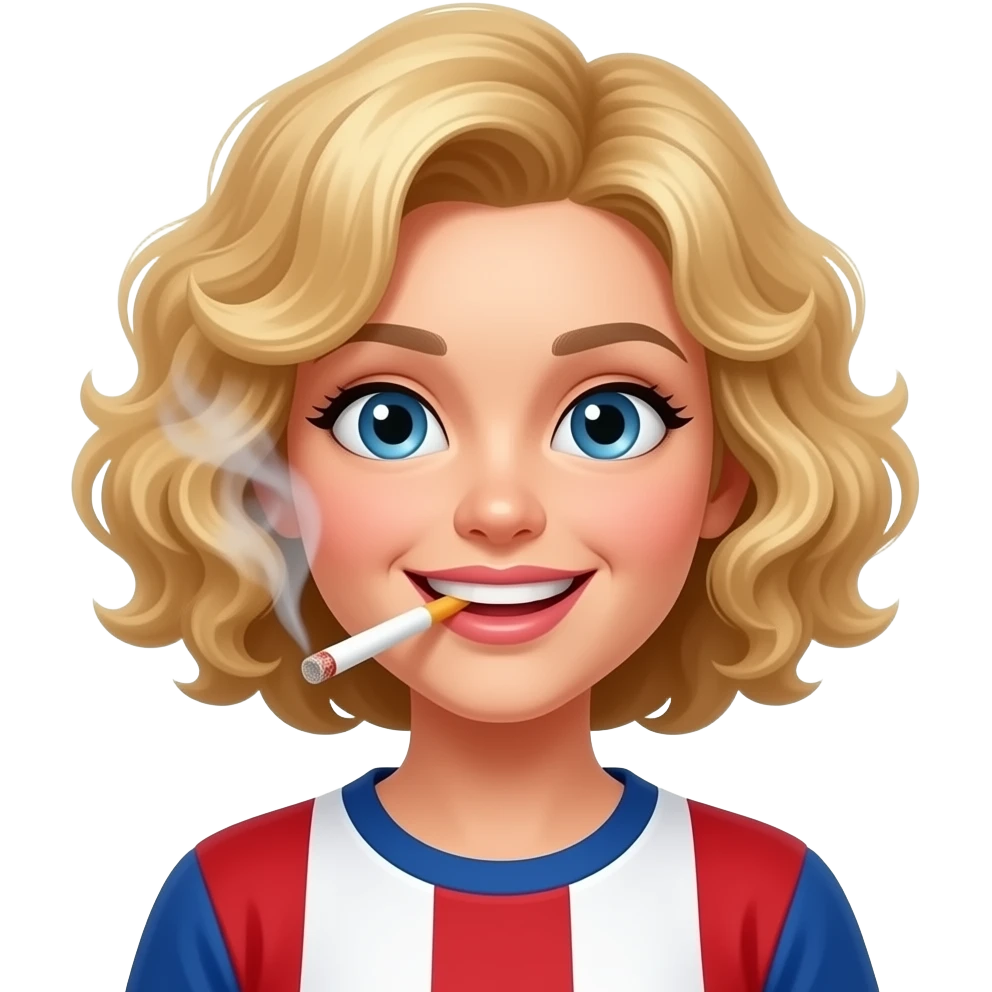 blonde curly bob exhaling face with smoke coming out of mouth smiling eyes in red, white and blue shirt emoji