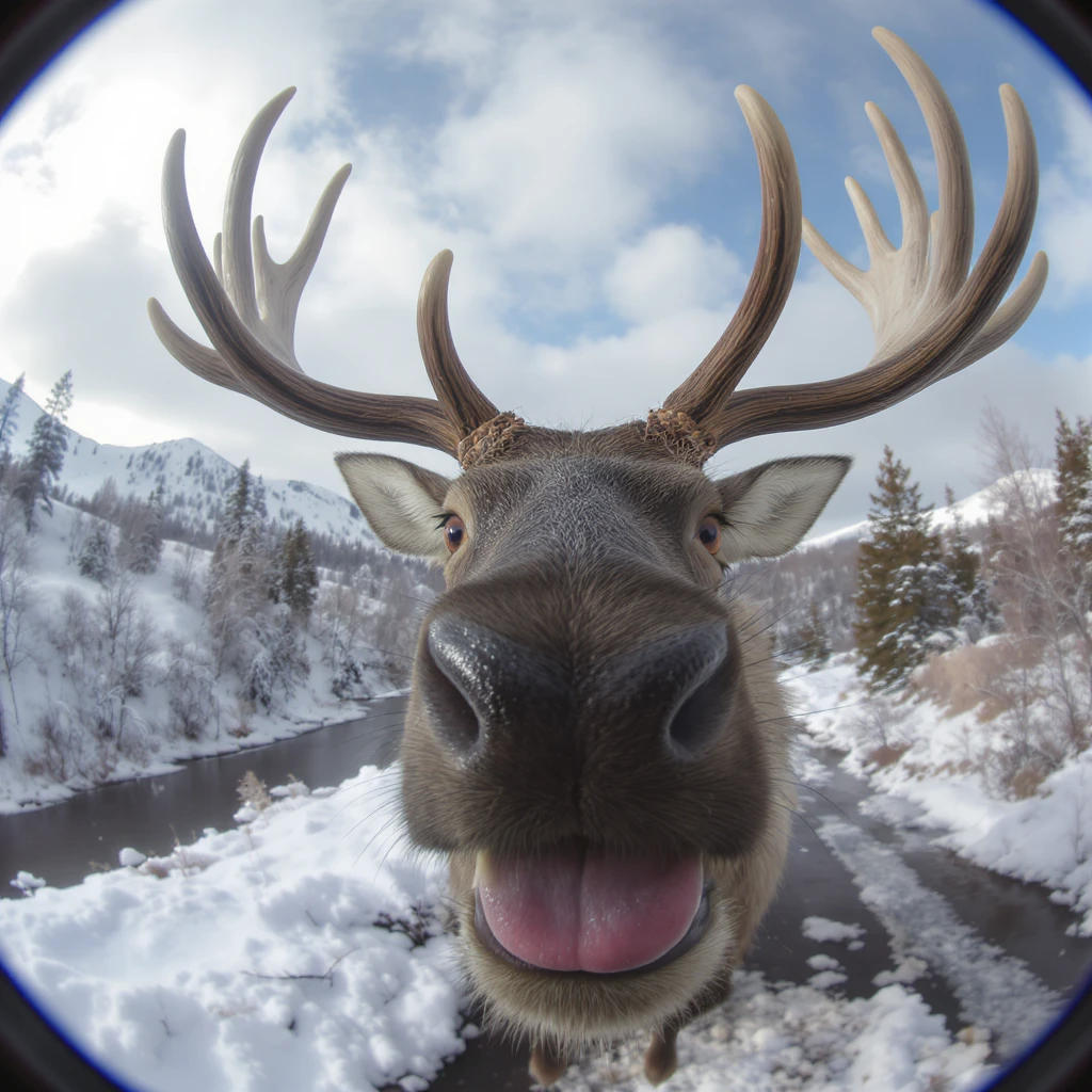 a closeup of a elk's face, fisheye lens, funny, meme, elk with big antlers, funny face, deer moose, drooling emoji