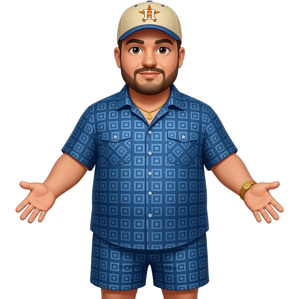 Chubby man with light honey skin tone with lightly shaved black beard wearing a blue button up short sleeve shirt with matching shorts with square pattern design wearing a beige Huston Astros logo baseball cap wearing a gold watch wearing a gold tennis necklace holding hands out emoji