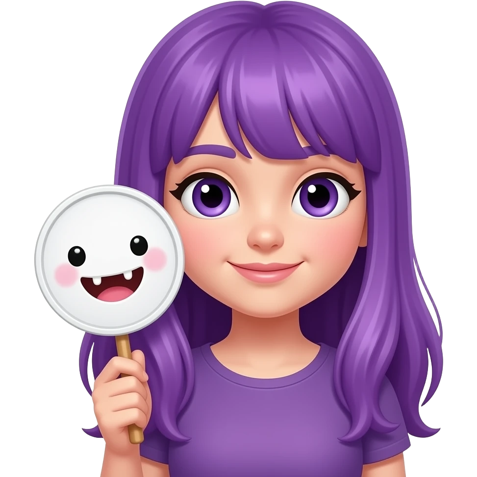 girl with long purple hair holding a CUTE but STABBY sign emoji