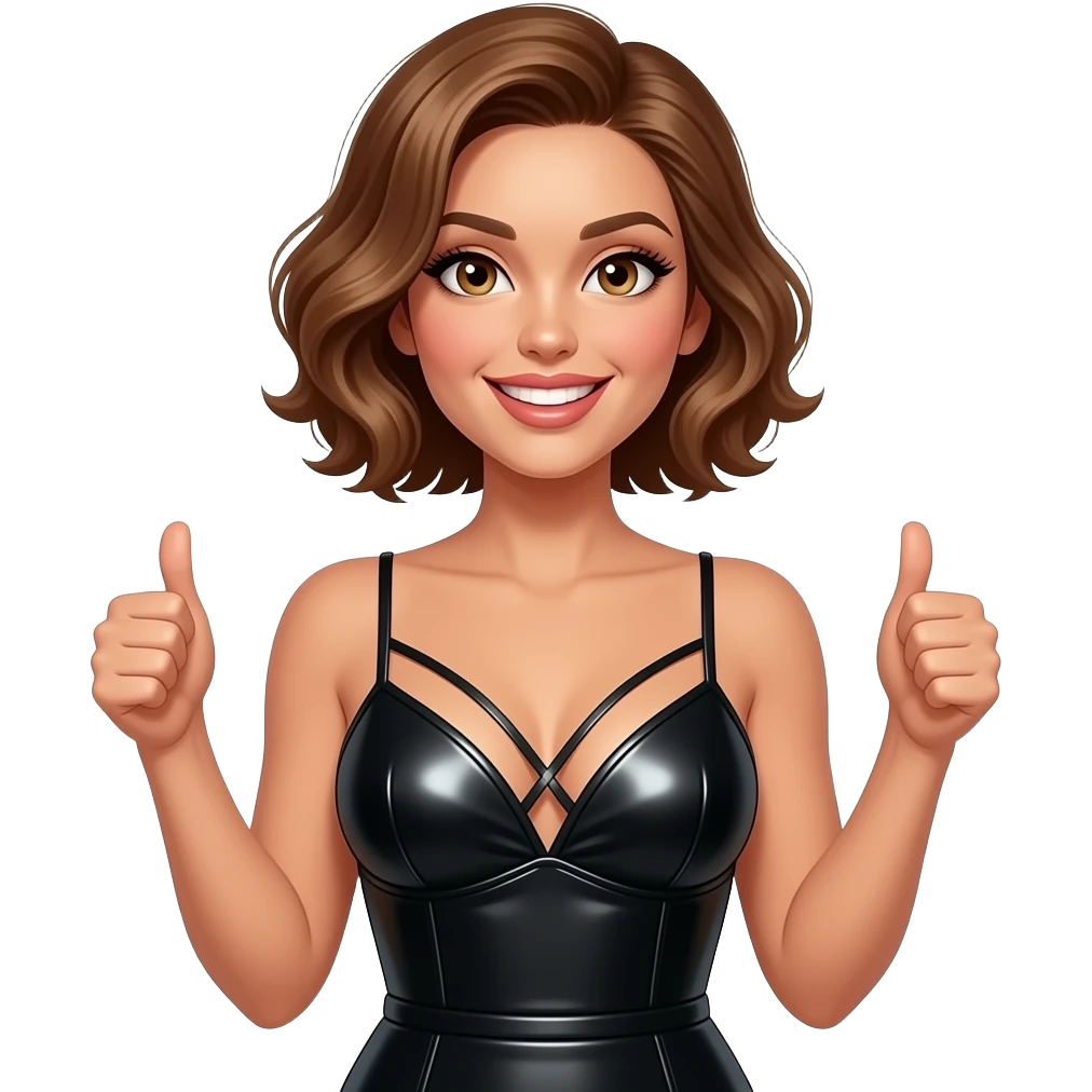 glamours,-tanned,-very-beautiful-woman-with-big-plump-rose-beige-lips,-long-lashes,-honey-silky-very short- hair,-wavy-hair,-hazel-eyes-wearing-black-strappy-shiny-latex-dress-She-Looks-sexy-and-smiling-Hands-both-with-thumb-up-waist-up emoji