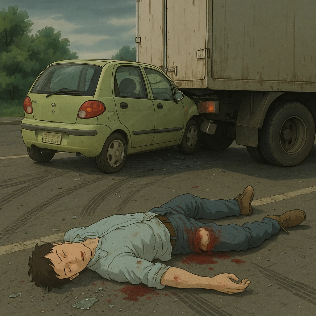 A dramatic accident scene in the style of photorealism. A Matiz car has crashed into the back of a large cargo truck. In the foreground, a man lies unconscious on the asphalt, slightly twisted to the side. His left leg and pelvic bone appear broken and unnaturally positioned. Blood stains are visible near his hip and knee. His clothes are slightly torn from the impact. The surroundings show tire skid marks, broken glass, and a slightly deformed Matiz bumper pressed into the truck's rear. The lighting is natural daylight with a somber, tense atmosphere. Focus on realism, injury detail, and emotional gravity of the scene. emoji