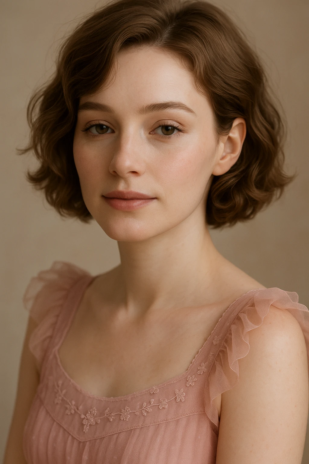 close-up portrait of a woman with white skin, short wavy light brown hair, light makeup, wearing a pink dress with delicate details, soft and graceful expression emoji