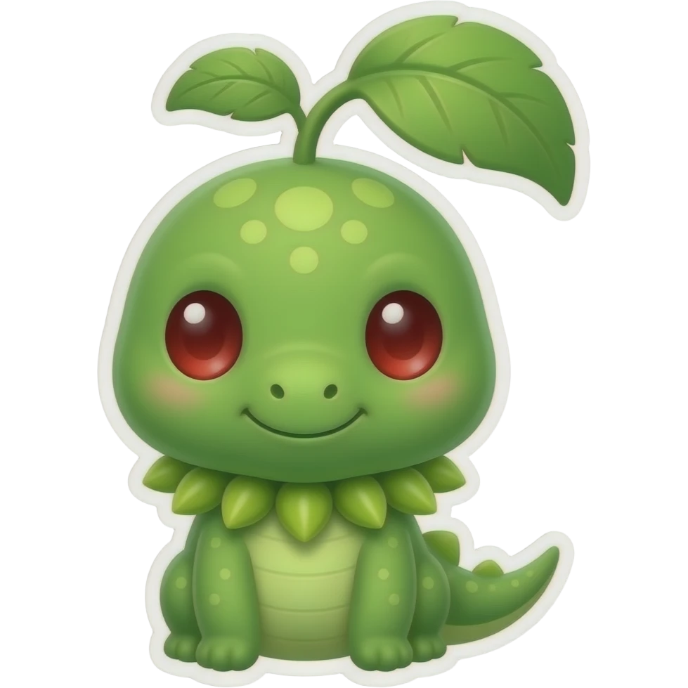Minimalist emoji of a baby dinosaur-like green creature, small round body, large head, large bright red eyes, collar of small green buds around its neck, a large curved leaf growing from its head, kawaii style, soft contours, flat colors, clean sticker-like design, white background. emoji
