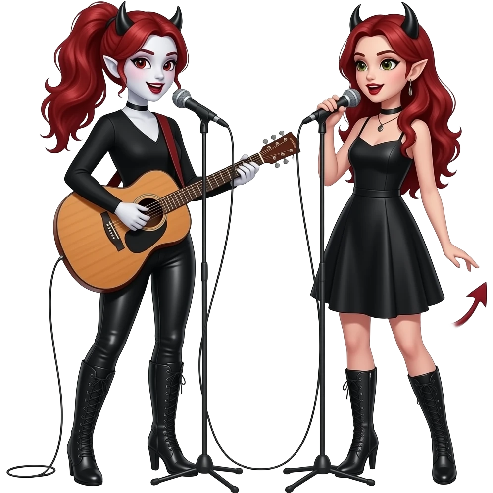 Vampiro femmina ADOLESCENTE con pelle bianca e capelli rosso ondulati lunghi raccolti in una mezza coda che indossa dei pantaloni di pelle neri un top nero con maniche lunghe e degli stivali lunghi con tacco che canta e suona una chitarra di legno e la sua amica VAMPIRA femmina con un vestito canta emoji