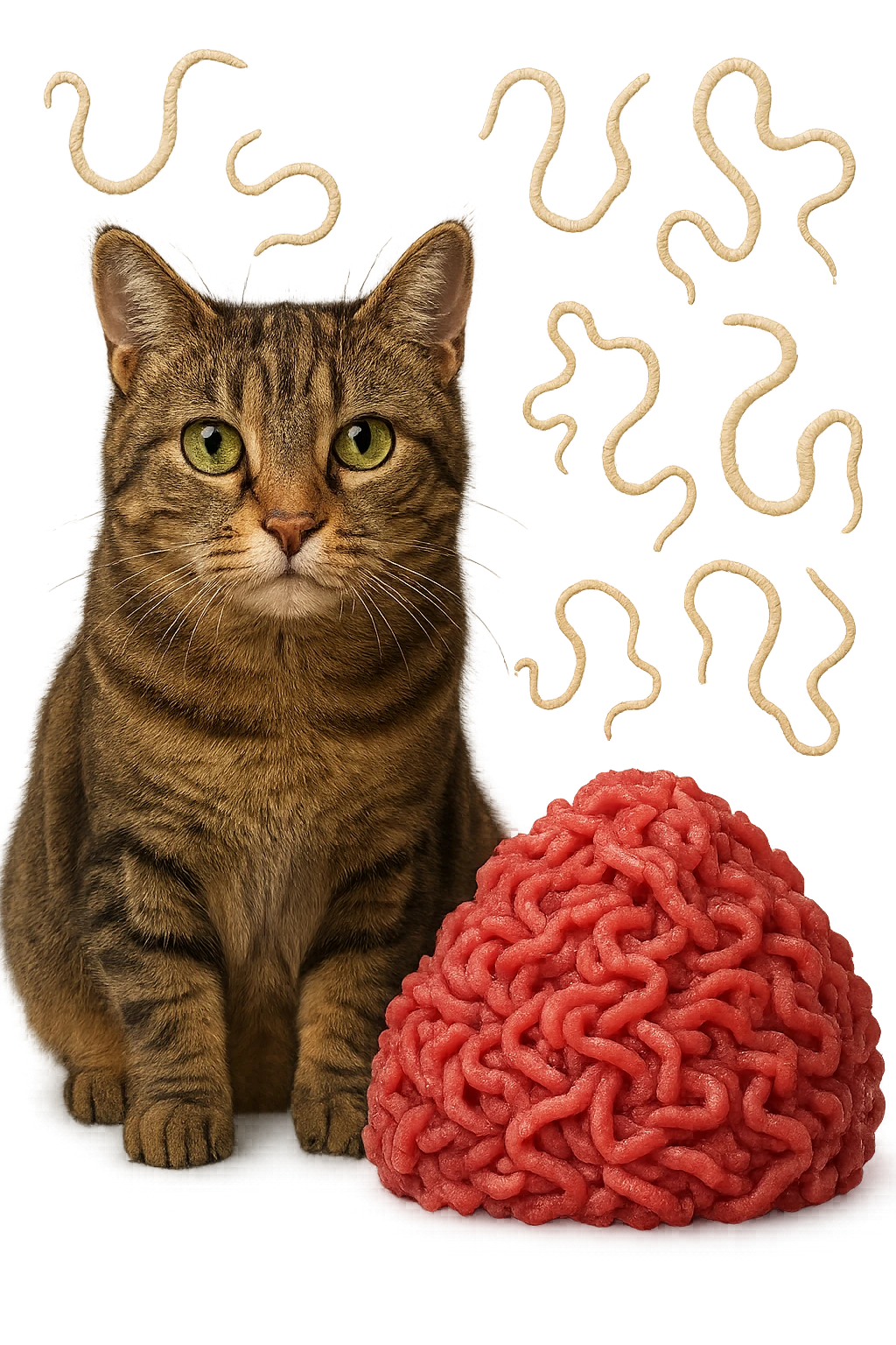 gatto stupendo e macinato di carne poco cotta a montagnetta stanno l'uno accanto all'altro con dei parassiti come la tenia che gli fluttuano intorno, iperrealistica 4k emoji