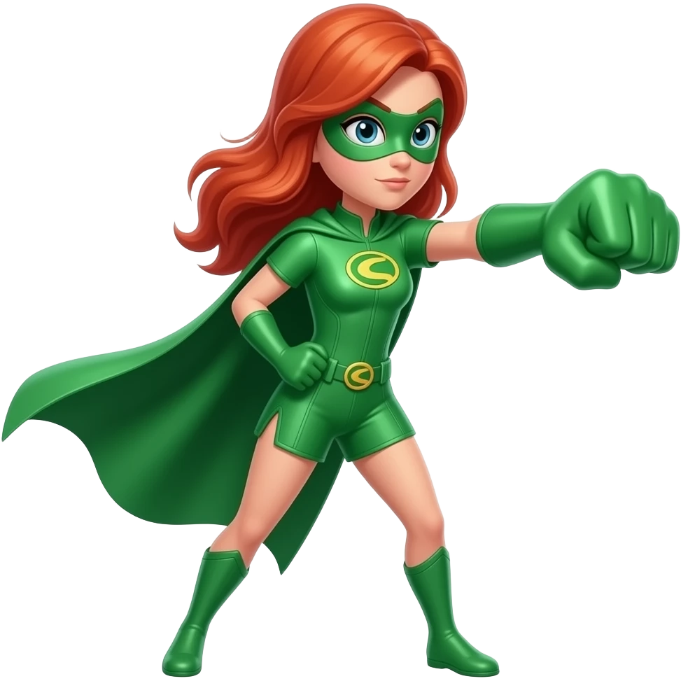 quiero que me hagas a una superheroina con el pelo pelirrojo mascara verde i con un traje verde que sea una niña cuerpo entero que este pegando un puñetazo mirando a la derecha emoji